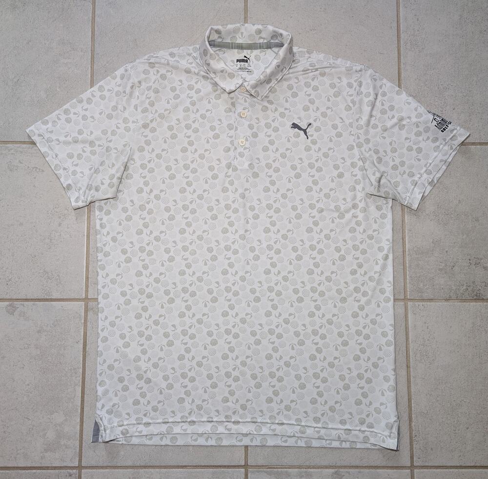PUMA Men's Medium Beach Trip Polo White Admiral Baker Golf Course Short Sleeve